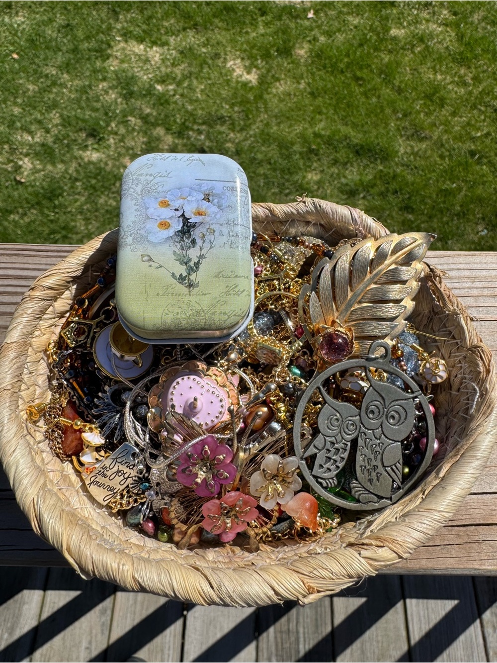 Assorted Jewelry Lot with Floral Tin - Pink, Gold, Green Accents